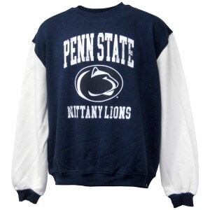navy color block crew neck sweatshirt with distressed Penn State Nittany Lions